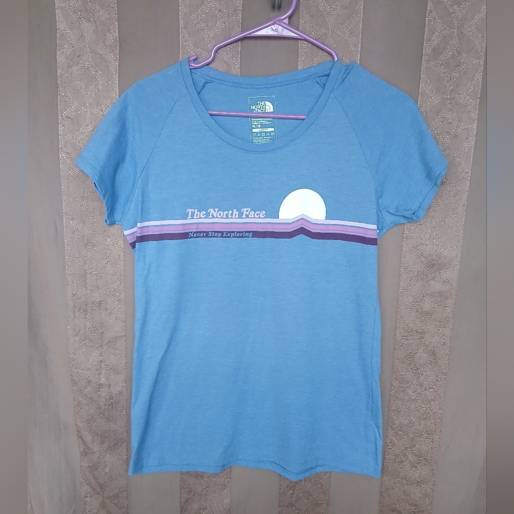 💎 The North Face Women's Top Blue Tee Pink and Purple Stripe Sun #0353